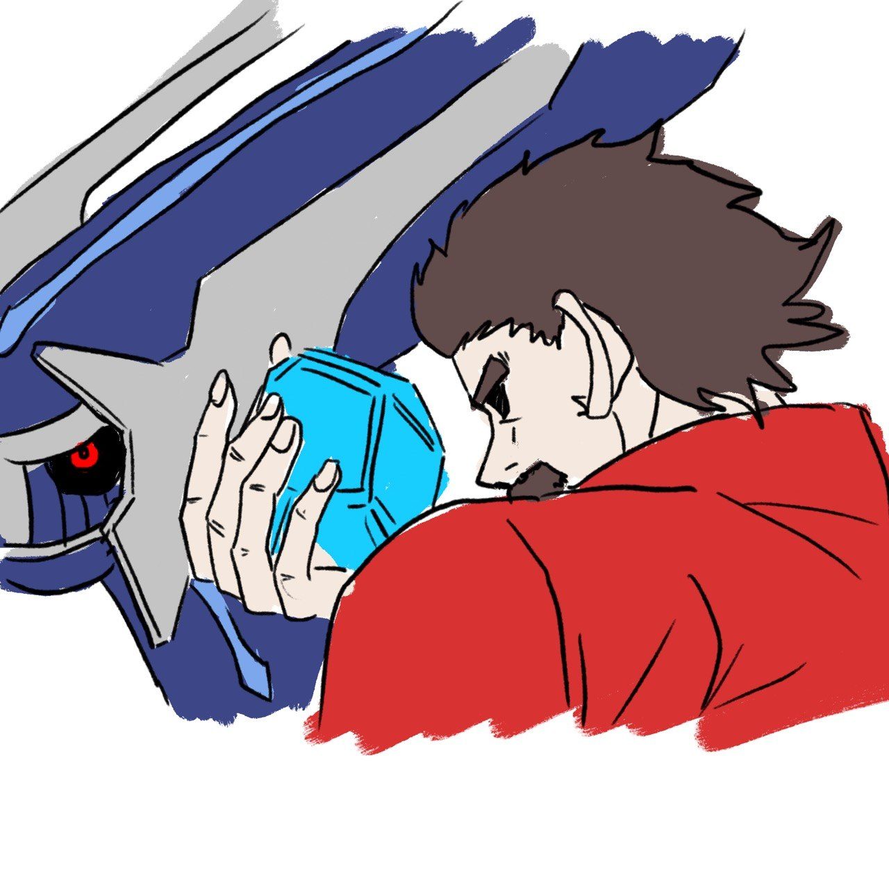 Hand-drawn artwork of Stefano facing Dialga, by Alfonso Cavallo